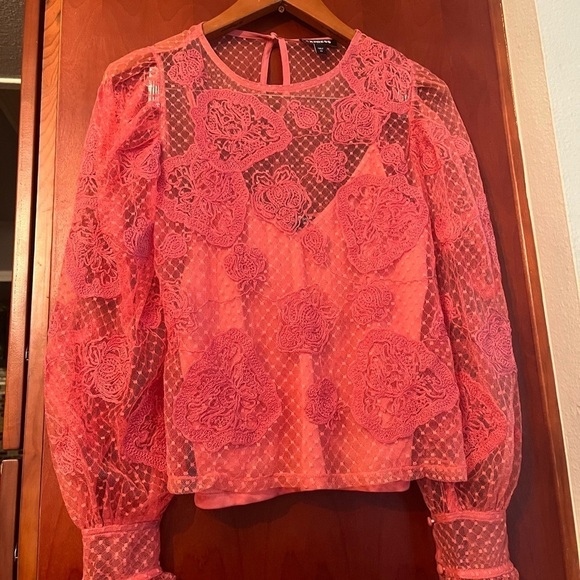 Express Sheer Lace Tank Pink Sz XS Long Sleeve Button Cuffs - Picture 3 of 8